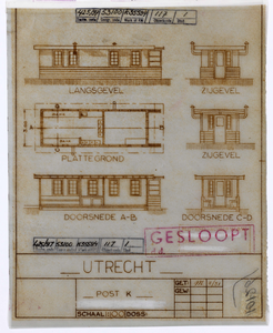 839002 Opstanden, doorsneden en plattegrond van het seinhuis Post K op het zuidelijke emplacement van het N.S.-station ...